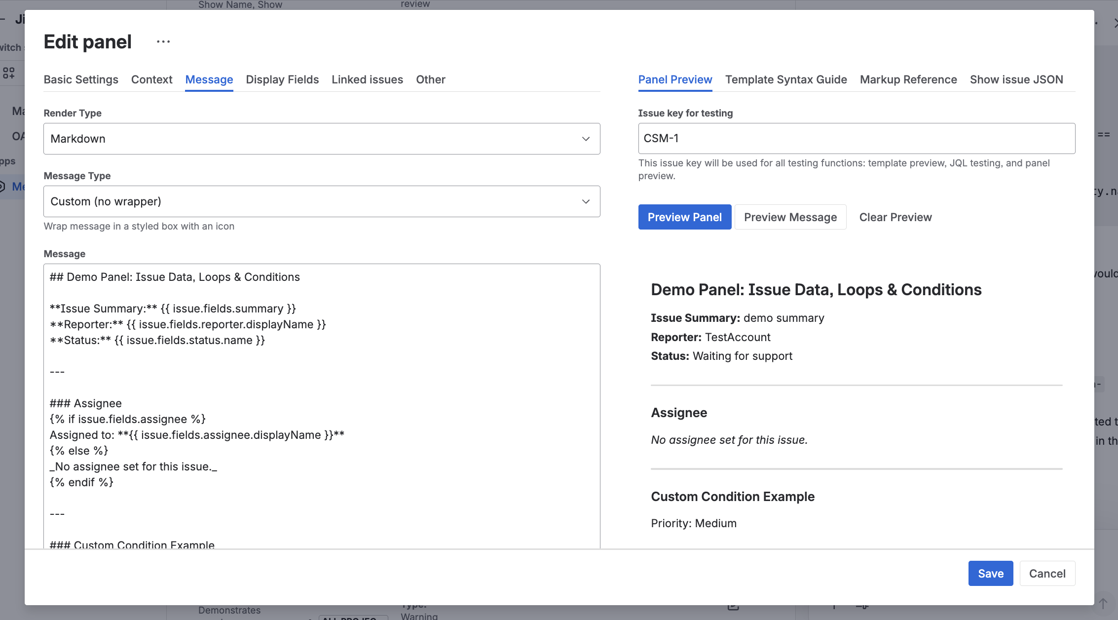 Template editor with live preview